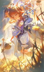 Rule 34 | 1girl, ahoge, animal ears, bell, black skirt, black thighhighs, branch, character request, cloud, collared shirt, copyright request, field, flower, flower field, grass, hair between eyes, hair ornament, hand on own chest, highres, holding, holding wand, jacket, leaf, long hair, long sleeves, orange hair, outdoors, petals, purple eyes, purple shirt, renjian shilian, sheep, shirt, sidelocks, skirt, sky, smile, solo, sunlight, thighhighs, wand, white flower, white jacket, yellow flower