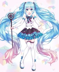Rule 34 | 1girl, absurdly long hair, black skirt, blue eyes, blue hair, blue nails, boots, bow, bowtie, detached sleeves, floating hair, full body, gradient hair, hair between eyes, hatsune miku, holding, holding microphone, long hair, long sleeves, looking at viewer, magical mirai miku, magical mirai miku (2017), microphone, miniskirt, multicolored hair, nail polish, open mouth, pink hair, pleated skirt, shirt, skirt, solo, thigh boots, thighhighs, twintails, two-tone hair, user vehe3473, very long hair, vocaloid, white footwear, white shirt, white sleeves, zettai ryouiki