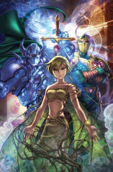 Rule 34 | 1girl, 2boys, andre vazzios, armor, blonde hair, breasts, commentary, erica awano, green eyes, holding, holding sword, holding weapon, holy avenger, lisandra (holy avenger), looking at viewer, mestre arsenal (holy avenger), midriff, multiple boys, navel, official art, paladino (holy avenger), portuguese commentary, purple hair, serious, short hair, small breasts, standing, sword, weapon