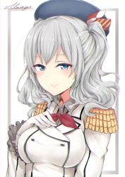 Rule 34 | 10s, 1girl, absurdres, blue eyes, breasts, chromatic aberration, epaulettes, hat, highres, kantai collection, kashima (kancolle), looking at viewer, military, military uniform, silver hair, smile, solo, twintails, uniform, xiaodi
