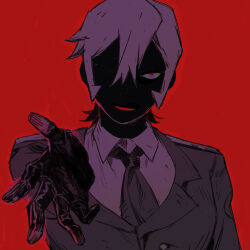 Rule 34 | 1girl, black gloves, blue eyes, collared jacket, collared shirt, eyed silhouette, gloves, grey hair, grey jacket, grey necktie, grey shirt, hair between eyes, hand up, highres, jacket, looking at viewer, multicolored eyes, necktie, original, reaching, reaching towards viewer, red background, red eyes, shirt, short hair, silhouette, simple background, smile, solo, upper body, yulei yuuuuu