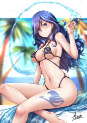 Rule 34 | 1girl, adsouto, barefoot, bikini, blue eyes, blue hair, blurry, blurry background, blush, breasts, cleavage, closed mouth, collarbone, fairy tail, hair between eyes, highres, juvia lockser, large breasts, leg tattoo, long hair, navel, sideboob, signature, sitting, smile, solo, striped bikini, striped clothes, swimsuit, tattoo, underboob, water