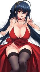 Rule 34 | 1girl, ahoge, arm support, azur lane, bare shoulders, black hair, black thighhighs, blush, breasts, choker, cleavage, cocktail dress, collarbone, commentary, dress, hair between eyes, hair ornament, highres, large breasts, long hair, looking at viewer, ndgd, no panties, official alternate costume, one side up, pouring, pouring onto self, red choker, red dress, red eyes, simple background, sitting, smile, solo, taihou (azur lane), taihou (forbidden feast) (azur lane), thighhighs, tongue, tongue out, very long hair, wakamezake, white background