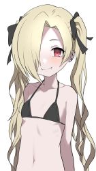 Rule 34 | 1girl, alternate hair length, alternate hairstyle, arms at sides, bare shoulders, bikini, black bikini, blonde hair, blush, breasts, closed mouth, collarbone, ear piercing, fangs, fangs out, hair over one eye, halterneck, halulu, highres, idolmaster, idolmaster cinderella girls, looking at viewer, navel, piercing, red eyes, shirasaka koume, simple background, small breasts, smile, solo, swimsuit, twintails, upper body, white background