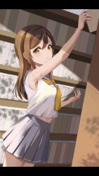 Rule 34 | 1girl, arm up, bare arms, blush, book, breasts, brown hair, check commentary, commentary, commentary request, from side, gorilla-shi, hair between eyes, highres, holding, holding book, kunikida hanamaru, library, long hair, looking at viewer, love live!, love live! sunshine!!, medium breasts, midriff peek, parted lips, school uniform, shelf, sidelocks, solo, summer uniform, uranohoshi school uniform, yellow eyes