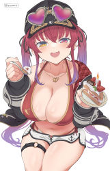 Rule 34 | 1girl, baseball cap, bikini, bikini under clothes, black jacket, black ribbon, blush, breasts, cake, candle, cleavage, collarbone, dolphin shorts, eyewear on head, fang, food, fruit, hair between eyes, hair ribbon, halterneck, hat, heart, heart-shaped eyewear, heart-shaped pupils, heart necklace, heterochromia, highres, holding, holding plate, holding spoon, hololive, hood, hooded jacket, houshou marine, houshou marine (summer), jacket, jewelry, large breasts, lips, long hair, long sleeves, looking at viewer, navel, necklace, o-ring, o-ring thigh strap, off shoulder, open mouth, plate, red bikini, red eyes, red hair, ribbon, shorts, side-tie bikini bottom, simple background, smile, solo, spoon, strawberry, sunglasses, sunglasses on head, swimsuit, symbol-shaped pupils, thigh strap, twintails, twitter username, vinhnyu, virtual youtuber, white background, white shorts, yellow eyes