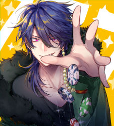 Rule 34 | 1boy, absurdres, arisugawa dice, bad id, bad pixiv id, black shirt, blue hair, collarbone, commentary request, dice, dice hair ornament, fur-trimmed jacket, fur trim, green jacket, grin, hair between eyes, hair ornament, hair over shoulder, highres, hypnosis mic, jacket, long sleeves, looking at viewer, male focus, medium hair, nanin, pink eyes, poker chip, shirt, smile, solo, upper body, v-shaped eyebrows