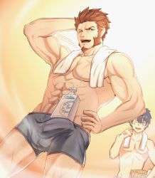 Rule 34 | 2boys, alternate costume, bad id, bad twitter id, bara, beard, black hair, blue eyes, blush, boxer briefs, brown hair, bulge, command spell, facial hair, fate/grand order, fate (series), fujimaru ritsuka (male), hand on own head, hand on own hip, highres, large pectorals, long sideburns, looking at viewer, male focus, male underwear, multiple boys, no pants, one eye closed, open mouth, pectorals, shampoo bottle, shampoo challenge, sideburns, simple background, smile, toned, toned male, topless male, towel, underwear, underwear only, upper body, wet, yaekaidou