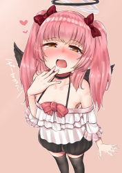 Rule 34 | 1girl, :d, absurdres, bare shoulders, black choker, black shorts, black thighhighs, black wings, blush, bow, breasts, brown background, brown eyes, choker, collarbone, copyright request, feathered wings, hair bow, half-closed eyes, hand up, highres, long hair, looking at viewer, makano mucchi, nose blush, off-shoulder shirt, off shoulder, open mouth, pink hair, red bow, shirt, short shorts, short sleeves, shorts, simple background, small breasts, smile, solo, standing, thighhighs, translation request, twintails, virtual youtuber, white shirt, wings