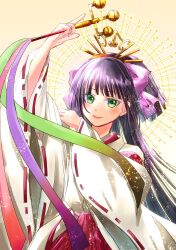 black_hair blunt_bangs blush closed_mouth green_eyes hair_ornament hair_ribbon highres hime_cut holding japanese_clothes long_hair long_sleeves looking_at_viewer miko nige_jouzu_no_wakagimi ribbon runa_(ren_rainfall) shizuku_(nige_jouzu_no_wakagimi) smile very_long_hair wide_sleeves