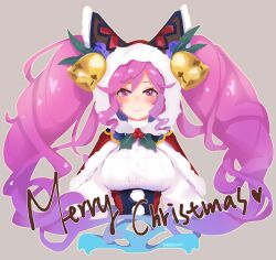 Rule 34 | 1girl, blue hair, blush, capelet, carrot (robosquat), cleo (dragalia lost), dragalia lost, drill hair, grey background, hair between eyes, hood, long hair, looking at viewer, merry christmas, multicolored hair, official alternate costume, pink eyes, pink hair, smile, solo, twin drills, twintails, twitter username, two-tone hair, upper body, very long hair