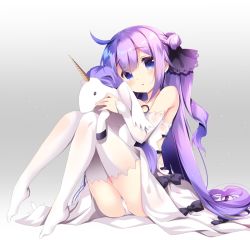 Rule 34 | 1girl, ahoge, azur lane, blue eyes, commentary request, detached sleeves, hugging doll, dress, full body, gradient background, grey background, hair bun, hair ornament, hair ribbon, head tilt, holding, holding stuffed toy, long hair, looking at viewer, nanamomo rio, hugging object, off-shoulder dress, off shoulder, purple hair, ribbon, single hair bun, single side bun, sitting, sketch, solo, stuffed animal, stuffed toy, stuffed unicorn, stuffed winged unicorn, thighhighs, unicorn (azur lane), wariza, white background, white dress, white thighhighs, zettai ryouiki
