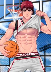 Rule 34 | 1boy, abs, ball, basketball, basketball (object), basketball uniform, black eyes, briefs, closed mouth, clothes lift, cloud, day, highres, holding, holding ball, kagami taiga, kuroko no basuke, looking at viewer, male focus, male underwear, maorenc, navel, outdoors, red eyes, red hair, shirt lift, short hair, shorts, sky, solo, sportswear, toned, toned male, underwear