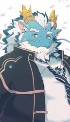 Rule 34 | 1boy, animal ear fluff, aqua hair, aqua skin, bara, beard, cheddargeek3, chest hair peek, closed mouth, coat, dated, dragon boy, dragon horns, facial hair, falling petals, full beard, furry, furry male, highres, horns, huge eyebrows, long mustache, looking to the side, loose necktie, male focus, mature male, multicolored hair, necktie, open clothes, open coat, petals, qinglong (housamo), shirt, slit pupils, solo, striped necktie, tokyo houkago summoners, two-tone beard, two-tone hair, white background, white hair, white shirt, yellow eyes