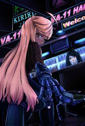 Rule 34 | 1other, 2girls, ahoge, alma armas, bar (place), bartender, blonde hair, camera, commentary request, copyright name, cyberpunk, dark-skinned female, dark skin, dog, english text, glasses, highres, jill stingray, looking at viewer, mechanical arms, multiple girls, pta, purple hair, rad shiba, shiba inu, sunglasses, twintails, va-11 hall-a