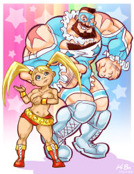 Rule 34 | 1boy, 1girl, beard, belt, black hair, breasts, capcom, chest hair, cosplay, costume switch, covering privates, crossdressing, domino mask, facial hair, flexing, kevin bolk, male swimwear, mask, mohawk, rainbow mika, red male swimwear, red swim briefs, street fighter, swim briefs, swimsuit, topless, wrestling outfit, zangief