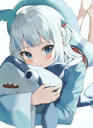 Rule 34 | 1girl, absurdres, animal hood, barefoot, blue eyes, blue hair, blue hoodie, blunt bangs, blush, closed mouth, commentary, english commentary, eyelashes, feet up, fins, fish tail, gawr gura, grey hair, hair ornament, highres, hololive, hololive english, hood, hoodie, hwanhee, long sleeves, looking at viewer, medium hair, multicolored hair, hugging object, shadow, shark girl, shark hair ornament, shark hood, shark tail, simple background, soles, solo, streaked hair, stuffed animal, stuffed shark, stuffed toy, tail, two side up, virtual youtuber, white background, wide sleeves
