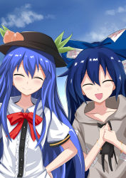 Rule 34 | 2girls, ^ ^, ^o^, absurdres, blue hair, blush, bow, closed eyes, collared shirt, debt, closed eyes, facing viewer, food, food on head, fruit, fruit on head, hair bow, hat, highres, hinanawi tenshi, hood, hoodie, large bow, multiple girls, object on head, peach, shirt, side-by-side, sky, stuffed animal, stuffed cat, stuffed toy, touhou, wuwusan, yorigami shion