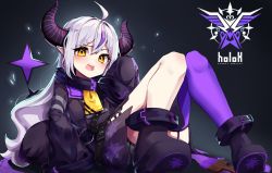 Rule 34 | 1girl, absurdres, ankle cuffs, asymmetrical legwear, black background, byaul, highres, hololive, holox, horns, la+ darknesss, looking at viewer, sitting, sleeves past wrists, solo, tagme, virtual youtuber, yellow eyes