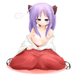 Rule 34 | 00s, 1girl, blue eyes, blush, bow, breasts, collarbone, dama, embarrassed, hair bow, hair ornament, hair ribbon, hakama, hakama skirt, hiiragi kagami, japanese clothes, long hair, looking at viewer, lucky star, miko, nipples, open clothes, open shirt, purple hair, red hakama, ribbon, sandals, shirt, sitting, skirt, small breasts, smile, solo, topless, tsurime, twintails, wariza, white background