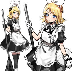 Rule 34 | 1girl, apron, black dress, black thighhighs, blonde hair, blue eyes, boots, closed mouth, dress, gloves, hair ornament, hairpin, kagamine rin, looking at viewer, maid, maid apron, maid headdress, one eye closed, short hair, short sleeves, sketch, solo, soramame pikuto, thighhighs, vocaloid, white footwear, white gloves