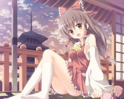 Rule 34 | 1girl, architecture, ascot, bad id, bad pixiv id, bare shoulders, blush, bow, breasts, brown eyes, brown hair, detached sleeves, east asian architecture, female focus, francis de lariatte, hair bow, hair tubes, hakurei reimu, kneehighs, long hair, looking at viewer, no bra, open mouth, pagoda, sideboob, sitting, skirt, smile, socks, solo, temple, touhou
