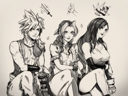 Rule 34 | 1boy, 2girls, aerith gainsborough, armor, asymmetrical bangs, bangle, belt, black skirt, boots, bracelet, braid, braided ponytail, breasts, buster sword, choker, cleavage, cloud strife, crop top, cropped jacket, crushing, dress, eightyfourart, elbow gloves, final fantasy, final fantasy vii, fingerless gloves, gloves, greyscale, hair between eyes, hair ribbon, highres, jewelry, large breasts, leg up, long hair, looking at viewer, medium breasts, miniskirt, monochrome, multiple girls, pants, parted bangs, puffy short sleeves, puffy sleeves, ribbon, scar, scar on arm, shirt, short hair, short sleeves, shoulder armor, sidelocks, skirt, sleeveless, sleeveless shirt, sleeveless turtleneck, smile, sparkle, spiked hair, suspenders, tifa lockhart, turtleneck, upper body, white shirt