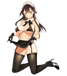 Rule 34 | 112san, 1girl, absurdres, apron, apron lift, bad id, bad pixiv id, bar censor, bare shoulders, bikini, bikini top only, black apron, black bikini, black footwear, black gloves, black hair, black thighhighs, blush, breasts, censored, clothes lift, detached collar, full body, garter belt, garter straps, gloves, high heels, highres, kneeling, large breasts, lifted by self, long hair, looking at viewer, maid, maid bikini, maid headdress, midriff, no panties, original, red eyes, revealing clothes, self exposure, shoes, simple background, solo, strap gap, swimsuit, thighhighs, unconventional maid, underboob, waist apron, white background