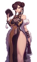 Rule 34 | 1girl, alternate costume, bare shoulders, black dress, bracelet, braid, breasts, brown eyes, brown hair, capcom, china dress, chinese clothes, chun-li, cleavage, commentary, curvy, dress, english commentary, female focus, folding fan, hair over one eye, hand fan, highres, holding, holding fan, jewelry, large breasts, liyart, looking at viewer, navel, side slit, smile, solo, standing, stomach, street fighter, thick thighs, thighs, third-party edit, twin braids, wide hips