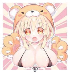 Rule 34 | 1girl, animal ears, areola slip, bare shoulders, blonde hair, blush, breasts, fang, gloves, happy, highres, horns, kami jigen game neptune v, large breasts, long hair, neptune (series), open mouth, orange eyes, pish, power symbol, power symbol-shaped pupils, skindentation, smile, solo, symbol-shaped pupils, tinzing saamzong, yellow heart (neptunia)