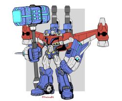 Rule 34 | autobot, blue eyes, border, clenched hand, full body, grey background, hammer, highres, holding, holding hammer, kamizono (spookyhouse), mecha, mechanical wings, no humans, optimus prime, outside border, robot, science, shoulder cannon, simple background, solo, transformers, transformers animated, twitter username, white border, wings
