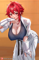 Rule 34 | 1girl, aizawa tomo, belt, black belt, breasts, cleavage, commentary, dougi, english commentary, enma (enmanuelart), fang, hair between eyes, hair intakes, hand on own thigh, hand up, hanging breasts, highres, huge breasts, karate gi, large breasts, leaning forward, light blush, looking at viewer, martial arts belt, paid reward available, pants, patreon logo, patreon username, red eyes, red hair, see-through, short hair, short sleeves, solo, sparkle, standing, sweat, textless version, tomo-chan wa onna no ko, v-shaped eyebrows, watermark, web address, wet, wet clothes, white pants