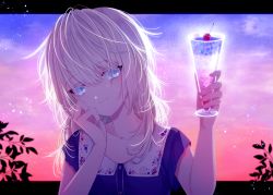Rule 34 | 1girl, arm up, blonde hair, blouse, blue eyes, blue shirt, cloud, cloudy sky, commentary request, food, hair over shoulder, hand on own cheek, hand on own face, hand up, highres, holding, holding food, holding up, letterboxed, long hair, looking at viewer, muon, nail polish, original, outdoors, outside border, parfait, pillarboxed, pink nails, sanpaku, shirt, sidelocks, sky, sleeveless, sleeveless shirt, smile, solo, sunset, tsurime, upper body