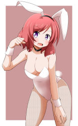 Rule 34 | 10s, 1girl, animal ears, arm support, blush, border, bracelet, breasts, cleavage, collar, fake animal ears, fang, fishnet pantyhose, fishnets, hand on leg, jewelry, large breasts, leaning forward, looking at viewer, love live!, love live! school idol project, naruse mai, nishikino maki, no bra, open mouth, outside border, pantyhose, pink background, playboy bunny, purple eyes, rabbit ears, rabbit tail, red hair, short hair, simple background, smile, solo, standing, tail, white border