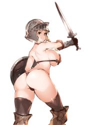 Rule 34 | 1girl, armor, ass, back, bikini armor, blonde hair, blue eyes, boots, breasts, brown thighhighs, gauntlets, helm, helmet, highres, large breasts, looking at viewer, looking back, nbo, original, outstretched arm, shield, short hair, sideboob, simple background, sketch, smile, solo, sword, thigh boots, thighhighs, thong, warrior, weapon, white background