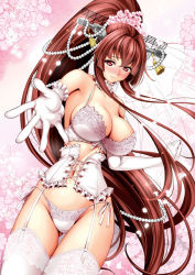 Rule 34 | 10s, 1girl, bare shoulders, blush, bra, breasts, brown eyes, brown hair, cherry blossoms, choker, cleavage, collarbone, corset, cowboy shot, elbow gloves, flower, foreshortening, frilled choker, frills, garter straps, gloves, hair between eyes, hair flower, hair ornament, headgear, high ponytail, itachou, kantai collection, large breasts, lingerie, long hair, looking at viewer, matching hair/eyes, navel, nose blush, panties, ponytail, reaching, reaching towards viewer, side-tie panties, sidelocks, smile, solo, thighhighs, underwear, underwear only, very long hair, white bra, white gloves, white panties, white thighhighs, yamato (kancolle)