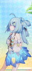 Rule 34 | 1girl, ahoge, armpit crease, arms behind back, bare shoulders, blue hair, breasts, character name, chinese commentary, closed mouth, griseo, griseo (starry impression), highres, honkai (series), honkai impact 3rd, long hair, looking at viewer, multicolored hair, official alternate costume, official art, official wallpaper, purple eyes, small breasts, smile, solo, streaked hair