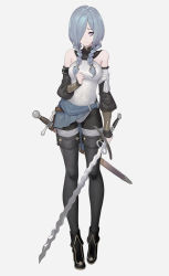Rule 34 | 1girl, bare shoulders, braid, detached sleeves, flamberge, full body, hair over one eye, highres, holding, holding sword, holding weapon, km yama, long hair, original, pantyhose, purple eyes, scabbard, sheath, sheathed, short shorts, shorts, silver hair, simple background, solo, sword, twin braids, weapon