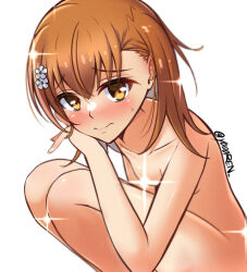 Rule 34 | 1girl, 2022, 20s, bare legs, bare shoulders, blush, breasts, brown eyes, brown hair, censored, collarbone, completely nude, convenient censoring, embarrassed, female focus, flower, hair flower, hair ornament, looking at viewer, matching hair/eyes, misaka mikoto, nose blush, nude, short hair, small breasts, solo, squatting, sweatdrop, thick thighs, thighs, toaru kagaku no railgun, toaru majutsu no index, twitter username, white background, yoren