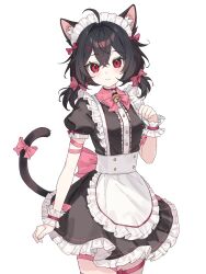 1girl ahoge animal_ears apron bell black_dress black_hair bow bowtie cat_ears cat_girl cat_tail choker closed_mouth commentary cowboy_shot dress highres jingle_bell karyln long_hair looking_at_viewer maid maid_apron maid_headdress original pink_bow red_choker red_eyes short_sleeves short_twintails simple_background smile solo standing symbol-only_commentary tail tail_bow tail_ornament twintails white_background