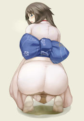 Rule 34 | 1girl, ass, beige background, between legs, blush, breath, brown hair, embarrassed, female focus, from behind, full body, hand between legs, highres, japanese clothes, jpeg artifacts, kara no kyoukai, kimono, looking at viewer, looking back, looking to the side, obi, open mouth, pee, peed self, puddle, ryougi shiki, sash, simple background, socks, solo, squatting, steam, sweat, textless version, tiptoes, umagoya mochi, wet, wet clothes, white kimono, white socks