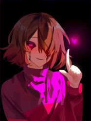 Rule 34 | 1girl, bete noire, betty, black background, black eyes, black sclera, brown hair, choco rabbitt, colored sclera, from side, glitchtale, heart, highres, light, long sleeves, looking at viewer, pink eyes, shirt, short hair, simple background, smile, striped clothes, striped shirt, sweater, turtleneck, turtleneck sweater, undertale