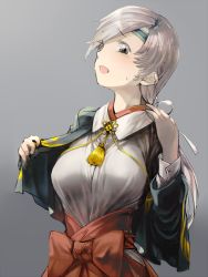 Rule 34 | 10s, 1girl, blush, breasts, chitose (kancolle), geppewi, headband, kantai collection, large breasts, long hair, looking at viewer, open mouth, ponytail, silver hair, simple background, solo