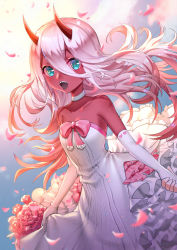 Rule 34 | 10s, 1girl, absurdres, aged down, bad id, bad pixiv id, bare shoulders, bow, bride, child, choker, cloud, colored skin, darling in the franxx, dress, flower, green eyes, hair between eyes, highres, horns, looking at viewer, mo xiaoxue, open mouth, petals, pink bow, red skin, sky, solo, spoilers, wedding dress, white choker, white dress, zero two (darling in the franxx)