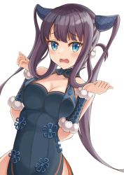 Rule 34 | 1girl, bare shoulders, black dress, blue eyes, blunt bangs, blush, breasts, china dress, chinese clothes, cleavage, collarbone, detached sleeves, dress, fate/grand order, fate (series), hair ornament, large breasts, long hair, looking at viewer, matsuba moco, medium breasts, open mouth, purple hair, sidelocks, simple background, solo, twintails, very long hair, white background, yang guifei (fate), yang guifei (second ascension) (fate)