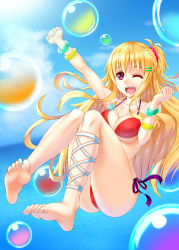 Rule 34 | 1girl, :d, ankle lace-up, barefoot, bikini, blonde hair, breasts, bubble, cleavage, cross-laced footwear, feet, gradient background, highres, jewelry, legs, long hair, million arthur (series), necklace, one eye closed, open mouth, original, pendant, purple eyes, red bikini, shirouzu myuuta, smile, soles, solo, swimsuit, toes