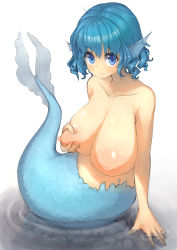 Rule 34 | 1girl, absurdres, blue eyes, blue hair, blush, breast hold, breasts, collarbone, completely nude, drill hair, fins, grabbing own breast, head fins, highres, huge breasts, jpeg artifacts, large areolae, looking at viewer, looking up, matching hair/eyes, mermaid, monster girl, nipples, nude, oruka (kamituki0827), partially submerged, short hair, simple background, smile, solo, touhou, wakasagihime, water