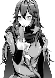 Rule 34 | 1girl, ameno (a meno0), blush, cape, embarrassed, fingerless gloves, fire emblem, fire emblem awakening, flustered, gloves, greyscale, hair between eyes, long hair, looking to the side, lucina (fire emblem), monochrome, nintendo, solo, sweatdrop, symbol-shaped pupils, tiara, white background
