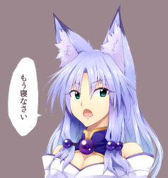 Rule 34 | 1girl, animal ears, bare shoulders, breasts, brown background, cleavage, fox, fox ears, green eyes, japanese clothes, kikyou (sakuragi rian), large breasts, light purple hair, long hair, looking at viewer, off shoulder, open mouth, original, sakuragi rian, simple background, solo, speech bubble