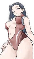 Rule 34 | 1girl, absurdres, black eyes, black hair, boku no hero academia, breasts, center opening, fengling (furin-jp), from below, highres, leotard, long hair, medium breasts, navel, red leotard, simple background, solo, unfinished, white background, yaoyorozu momo